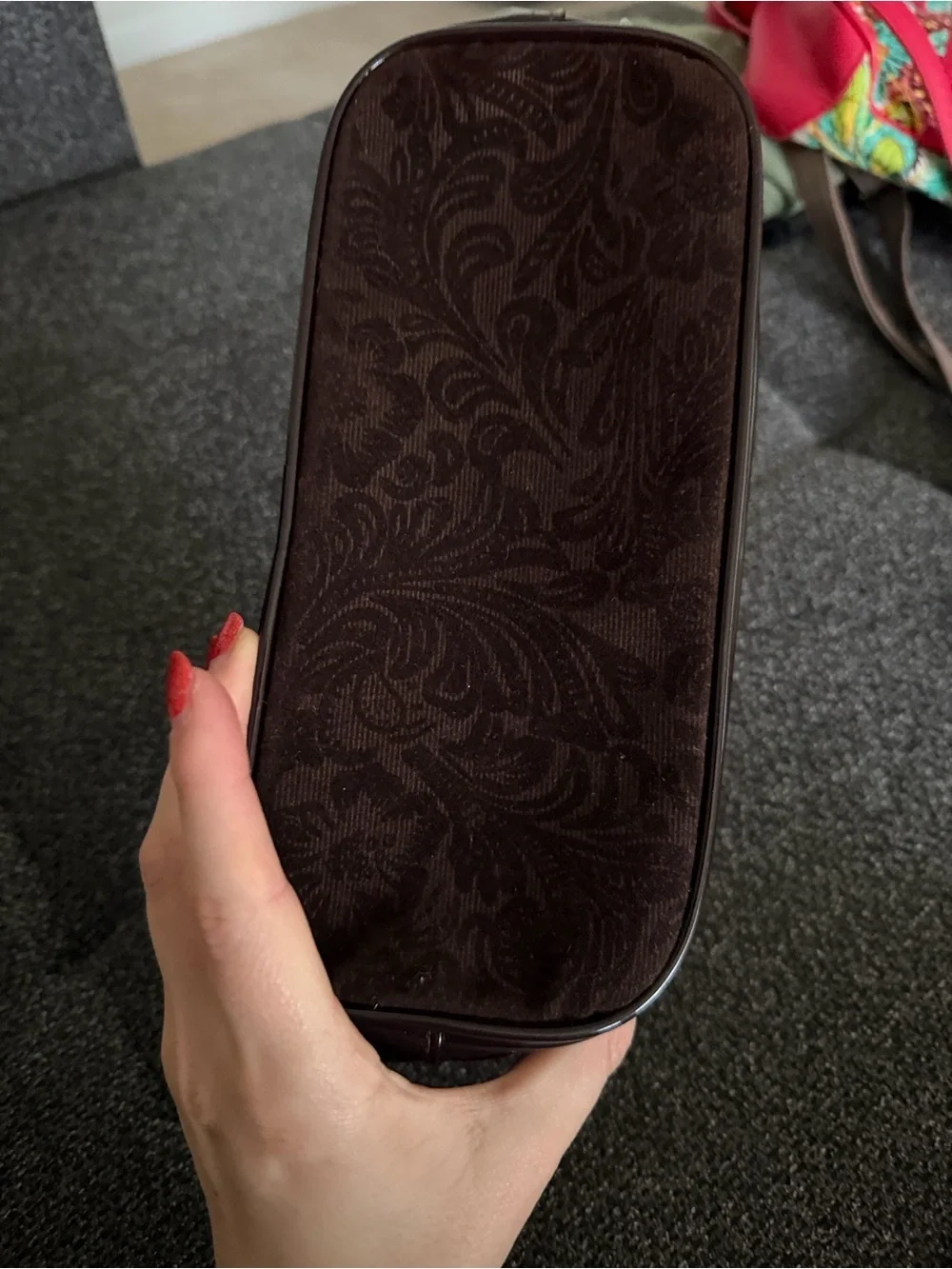 Brown Paisley Floral Suede Wristlet Clutch